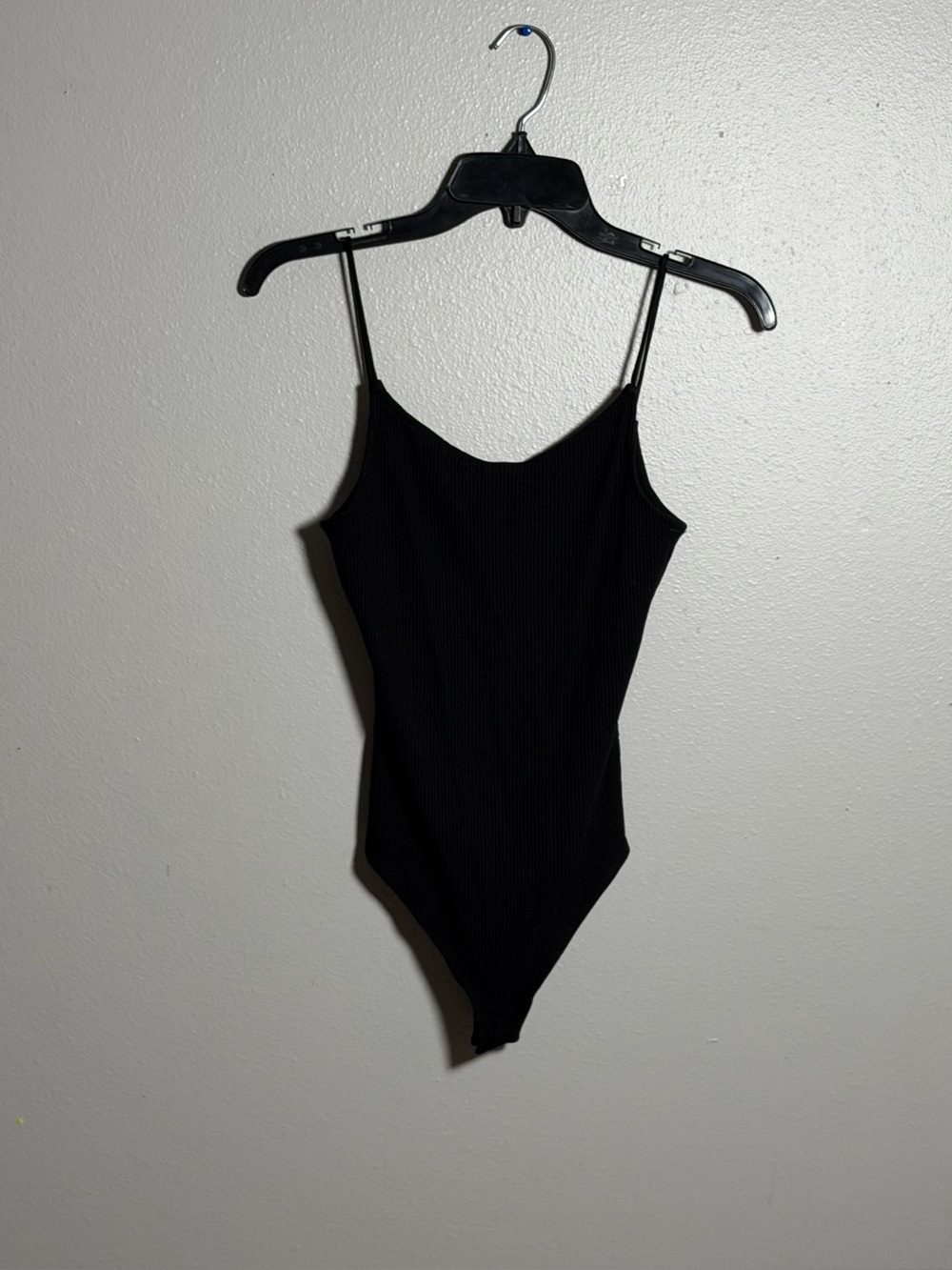 H&M Women Minimalist Open Back Black Ribbed‎ Spaghetti Strap Bodysuit size XS